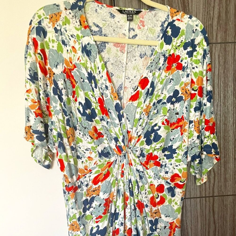 Lauren Ralph Lauren Size XL Floral Linen Blend Midi Dress Twist Front